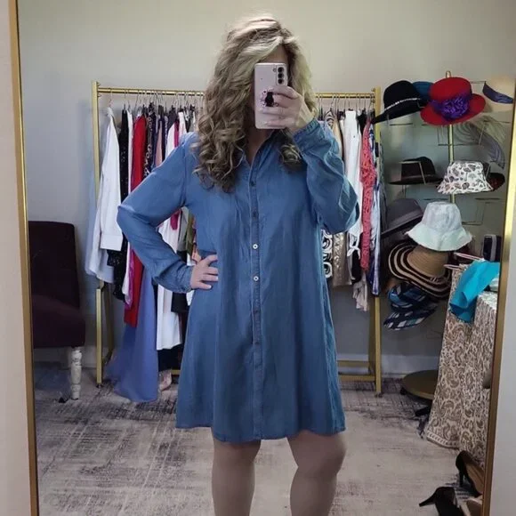 Bobeau Lace-Up Chambray Shirt Dress - Picture 2 of 14